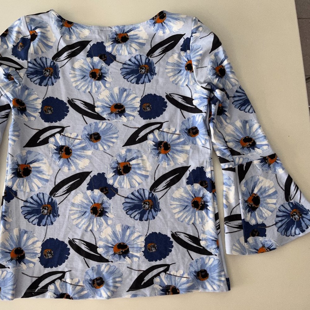 Ann Taylor Floral Knit Blue/Orange Top Blouse Shirt Long Bell Sleeves Sz Small - Picture 5 of 9